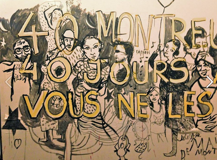 Fresque réalisée à Montreuil, collaboration avec illustrateurs et graffeurs, en soutien aux Rom du coeur de Ville